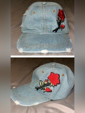 DAVID and YOUNG Distressed Lightwash Adjustable Denim Cap Embroidered Red Rose